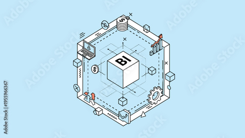 Business intelligence concept illustrated with a digital cube surrounded by analytical tools like gears and bar charts for data processing and strategy.