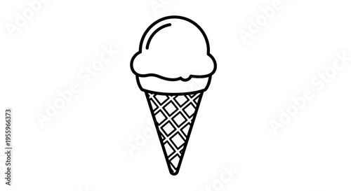 Simple black and white outline drawing of a single scoop of ice cream in a waffle cone. Sweet frozen dessert illustration.