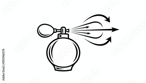 Perfume spray bottle with aroma spreading out, icon, illustration, black and white