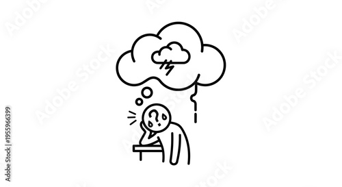 Person with question mark head and storm cloud in thought bubble, stress and confusion concept