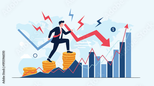 Resilience in the face of financial crisis showing a businessman running up a money graph to overcome market volatility and economic trends.