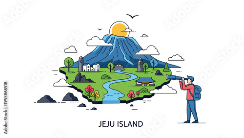 Tourist exploring the scenic beauty of Jeju Island through a telescope showing a picturesque landscape with mountains, houses, and greenery.