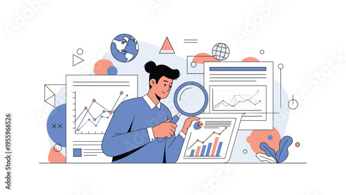 Data analyst using a magnifying glass to scrutinize business reports and global market statistics for deeper insight and professional decisions.