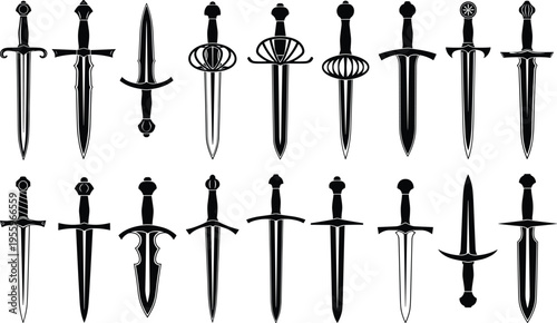 Sword silhouettes collection featuring medieval daggers, fantasy blades and antique weapons isolated vector set for heraldry design, game assets and historical illustration