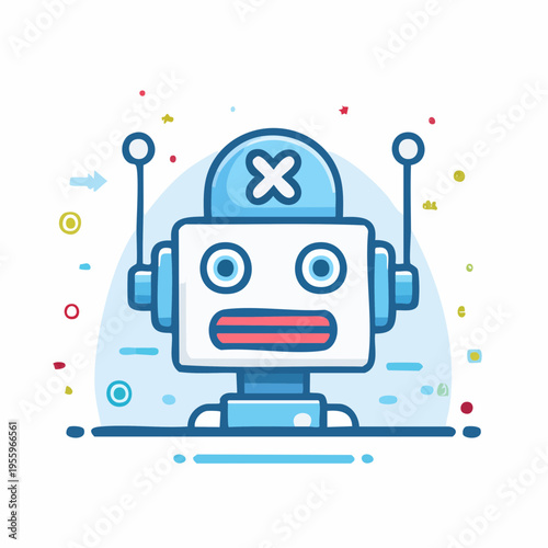 怒るAIロボットの顔 エラーやシステム障害を示すアイコン