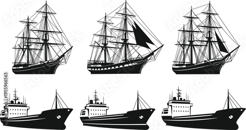 Ship silhouettes collection featuring sailing vessels and cargo boats isolated vector set for maritime design, nautical illustration, transportation graphics and ocean themes
