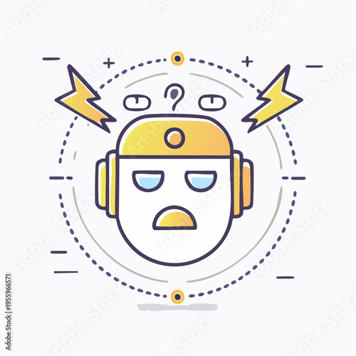 疲労するAIロボットの顔 システム過負荷を示すアイコン