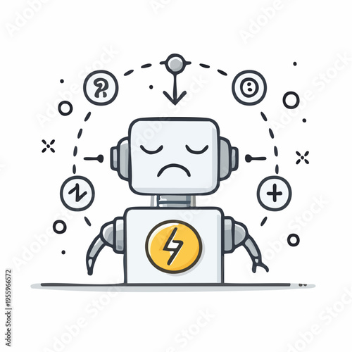 疲労するAIロボットの顔 システム過負荷を示すアイコン