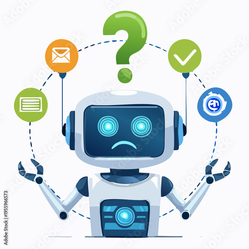 困惑するAIロボットの顔 処理中やエラーを示すアイコン