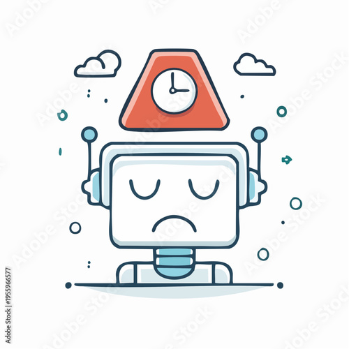 疲労するAIロボットの顔 システム過負荷を示すアイコン