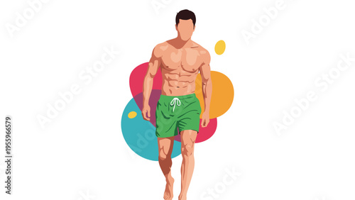 Athletic and muscular man in green swim trunks walking confidently against a colorful abstract background representing fitness and a healthy lifestyle.