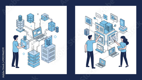 IT professionals managing large scale server networks and cloud data infrastructure through digital interfaces and computerized systems management.