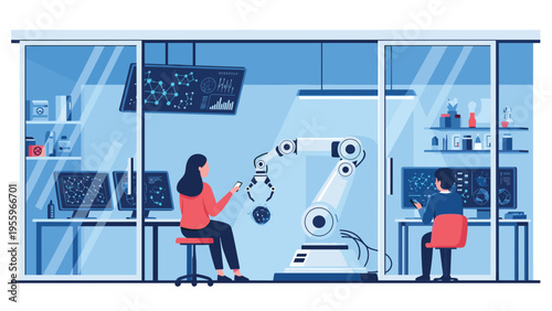 Scientific researchers operating high-tech robotic arms and advanced computer systems for precision engineering and innovative laboratory data analysis.