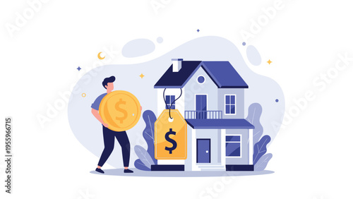 Home buyer carrying a large gold coin to purchase a residential property representing mortgage payments and significant real estate goals.