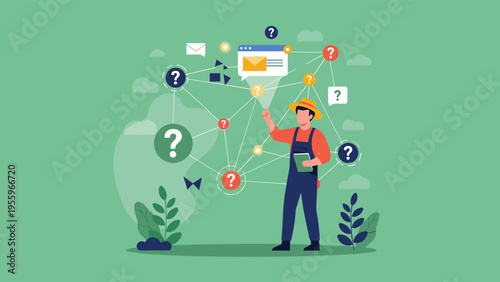 Agricultural professional in a field navigating a network of technical questions, communications, and mechanical gears for farm management.