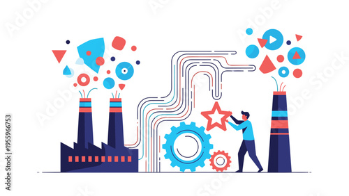 Creative industrial production process showing a technician placing a star into a gear system as colorful shapes emerge from factory chimneys.