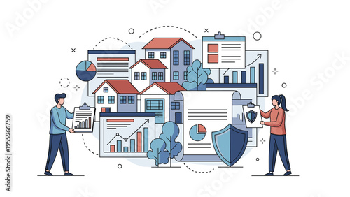 Professional couple analyzes housing market data and property insurance options while standing next to suburban homes.