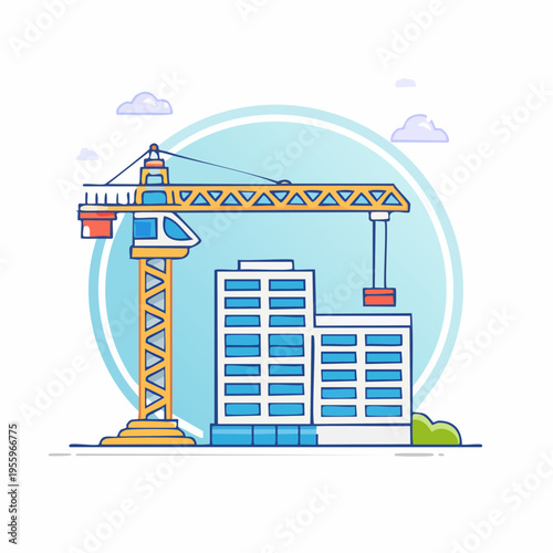 クレーンと建設中のビルのアイコン 都市開発と建設現場