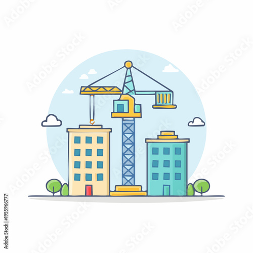 クレーンと建設中のビルのアイコン 都市開発と建設現場