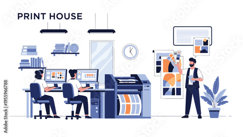 Designers work on computers in a professional print house while a manager inspects color samples near a large plotter machine.