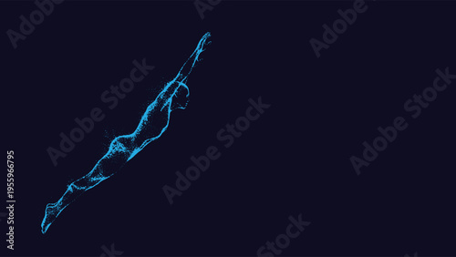 Abstract Swimmer Particle Silhouette on Blue Background
