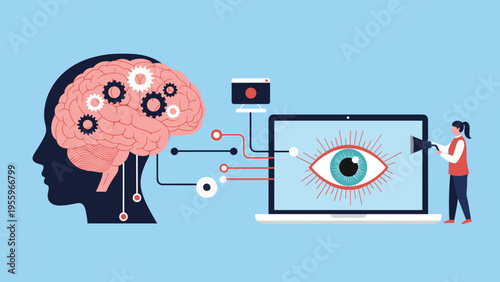 Human brain with gear mechanisms connects to a laptop displaying a digital eye to represent artificial intelligence and computer vision.
