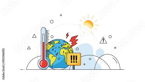 Planet earth sweats under a hot sun and lightning bolt while a large thermometer shows rising temperatures indicating global warming.