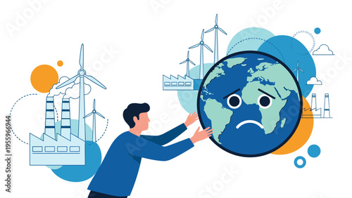 Man reaches out to a sad earth globe placed between polluting factories and clean wind turbines to highlight environmental choices.