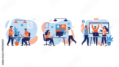 Different workplace scenarios show employees working on laptops, solving puzzles, and celebrating business success in an office.