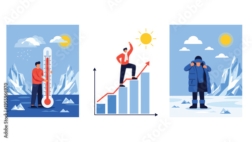 Series of panels illustrates temperature monitoring in icy landscapes, business growth on a bar chart, and person in winter clothes.