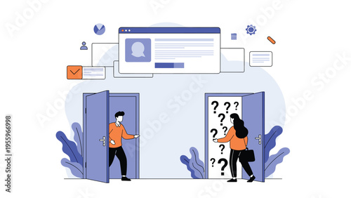 Man and woman walk through separate doors representing career paths, one leading to clear data and the other to many questions.