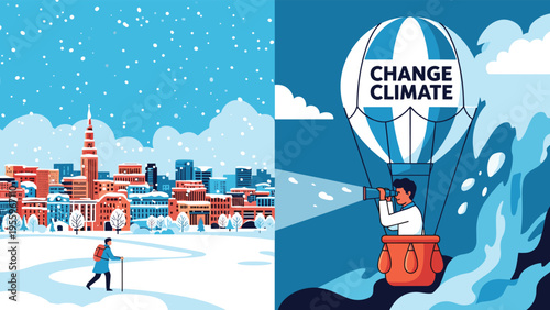 Explorer in a hot air balloon uses a telescope to observe snowy cities and huge ocean waves to study climate change effects.