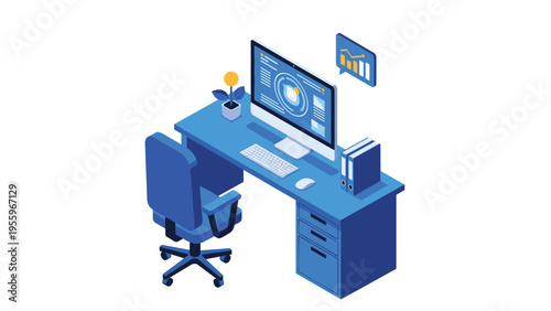 Professional office workspace features a desktop computer with data analytics on screen and organized files on a blue desk.