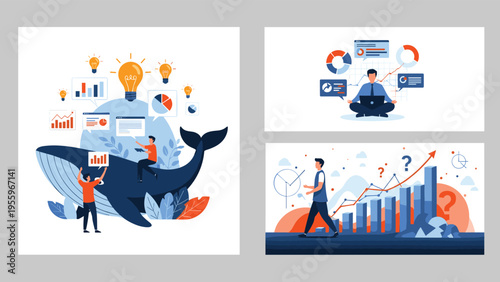 Creative business scenes show team riding a whale to find ideas and professional meditating while managing complex data charts.