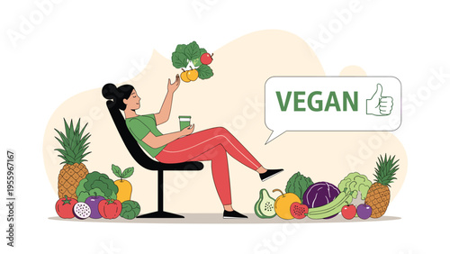 Happy woman relaxes in a chair surrounded by a large variety of fresh vegetables and fruits while holding a green smoothie.