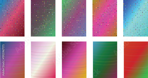 Vibrant vector background set featuring ten distinct abstract gradient designs with subtle texture variations, including smooth color transitions and dotted patterns in a diverse palette of pink