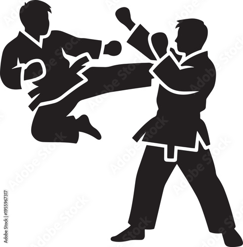 Two men in martial arts uniforms fighting with kicks and punches