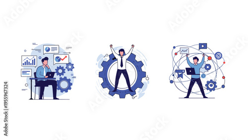 Series of panels depicts business professionals managing workflows, achieving goals, and connecting with global networks.