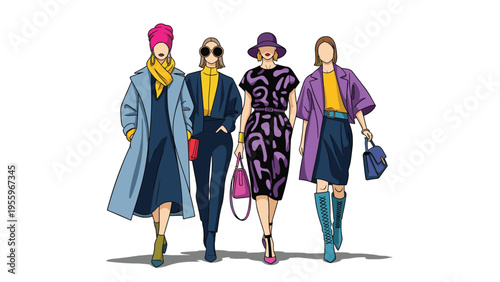 Four fashionable women in stylish colorful outfits walk together representing the latest trends in modern urban clothing.