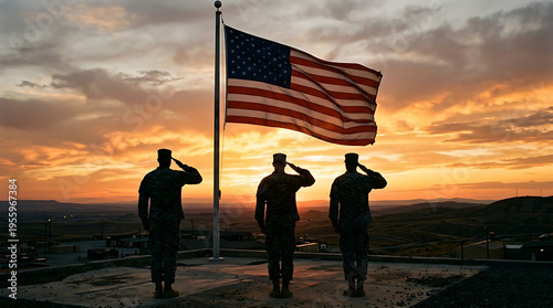 Fotografía American soldiers saluting the flag at sunset