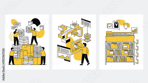 Team of professionals managing large volumes of data and organizing digital files into structured archives for business efficiency.