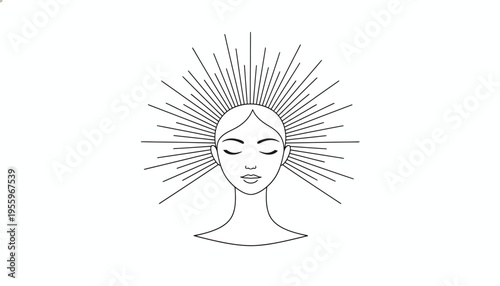 Minimalist Woman Face Aura Light Rays, Spiritual Enlightenment, Inner Peace, Meditation Symbol