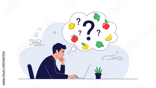 Thoughtful man sitting at a laptop while pondering over various healthy food choices represented by icons in a thought bubble.