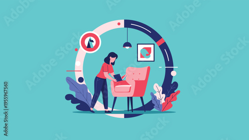 Woman organizing her living space and reading a book in a comfortable pink chair within a circular frame design.