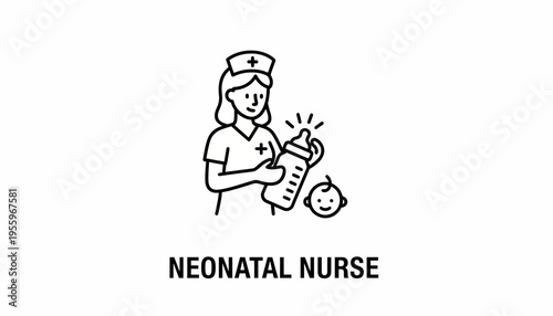 Neonatal Nurse Caring for Newborn Baby with Bottle Icon