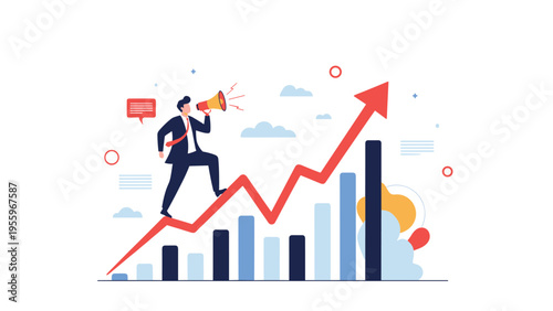 Businessman using a megaphone to announce rapid success while climbing a steep rising arrow on a performance bar chart.