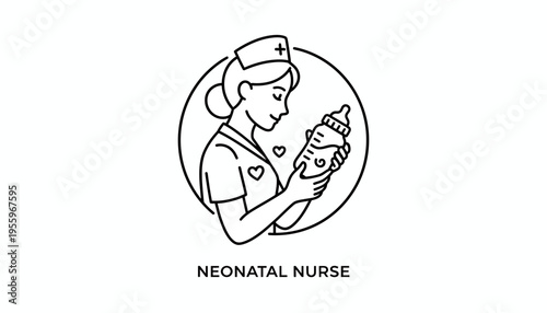 Neonatal Nurse Holding Baby Bottle with Hearts Icon, Caring for Newborns