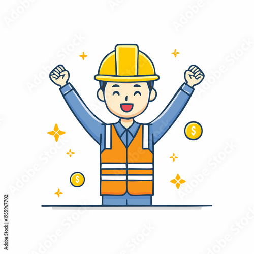 タスク完了を喜ぶ男性作業員のアイコン 施工完了と達成感