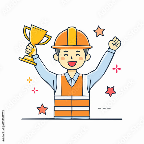 タスク完了を喜ぶ男性作業員のアイコン 施工完了と達成感