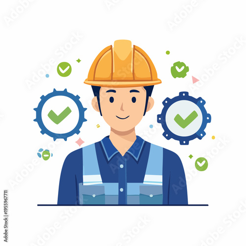 落ち着いて安全確認する男性作業員のアイコン 現場の安全第一と平穏